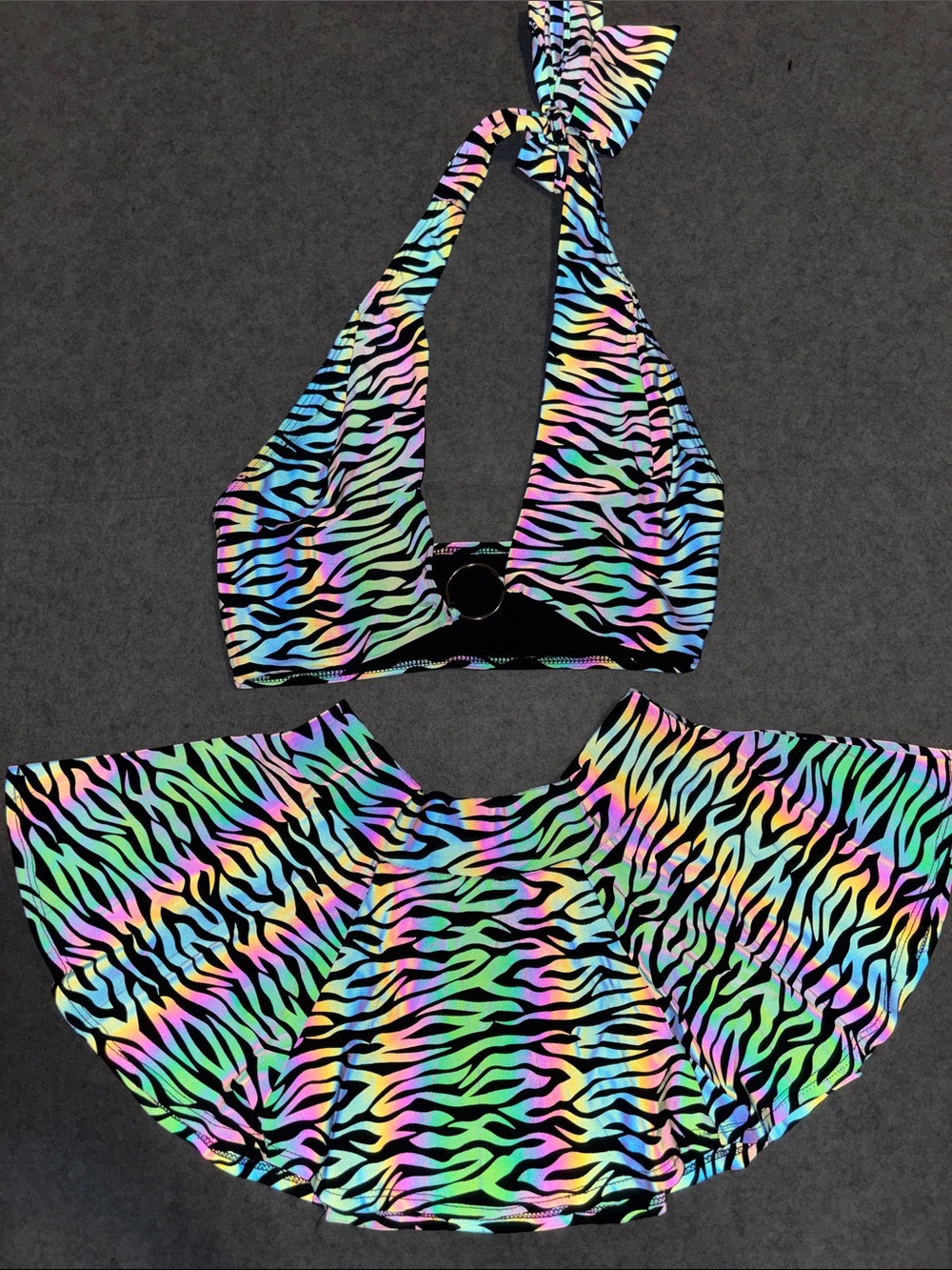 iHeartRaves Rainbow Reflective Zebra Animal Two-Piece Halter Top & Skirt Set